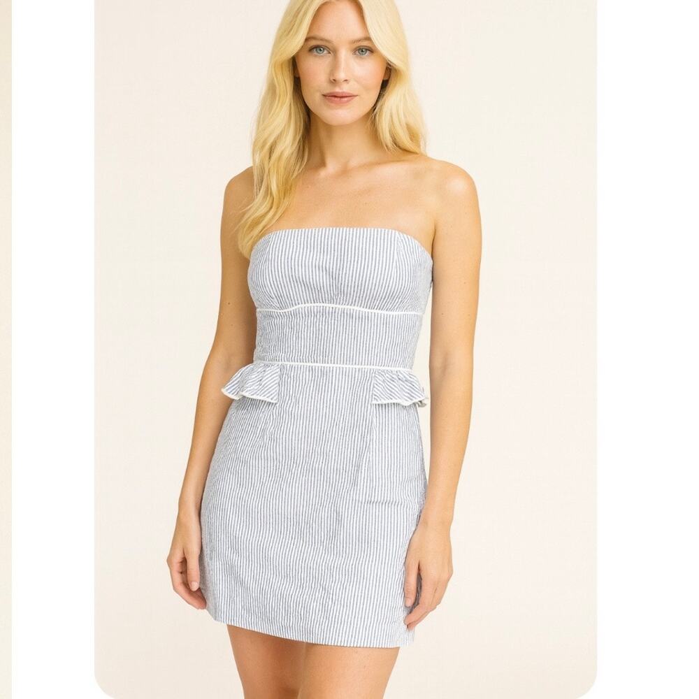 Southern Frock Blue And White Striped Seersucker Strapless Coastal Preppy Dress